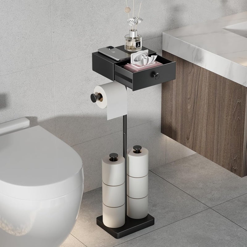 Voldra Toilet Paper Holder Stand with Shelf, Free Standing Black Toilet Paper Roll Holder with Wipes Storage Drawer Heavy Duty Floor Bathroom Tissue Holder Freestanding No Drill Tp Holder for 7 Rolls - Image 1